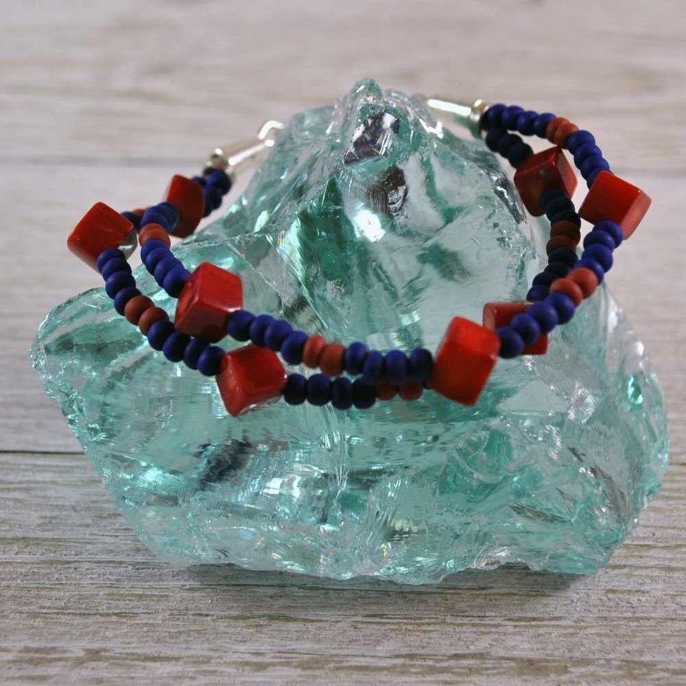 Coral, Matte Glass, & Silver Bracelet (3 sizes) Handmade​​​​